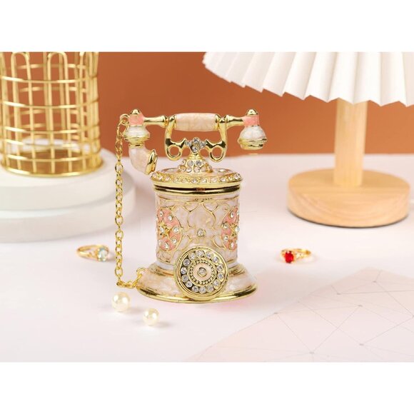 Vintage Telephone Trinket Box Hinged Enamel Hand Painted Jewelry Ornaments Decor - Picture 2 of 6